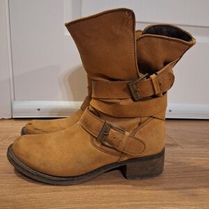 Steve Madden leather moto boots, block heel, tan, size 7